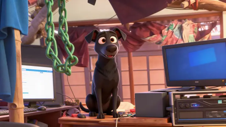 Dog sitting upright at a desk