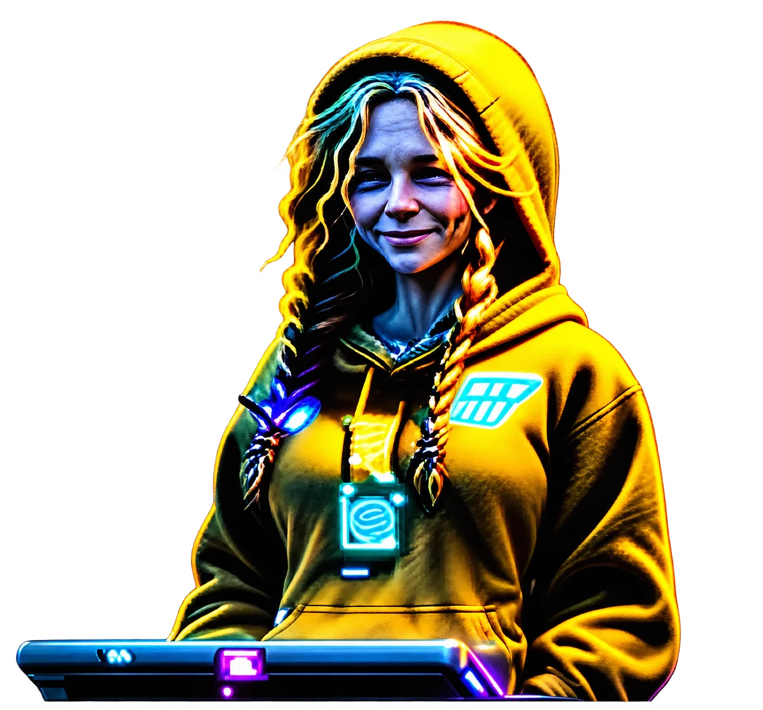 A blue-faced DJ in a golden hood at her mixing desk, among woodland lights