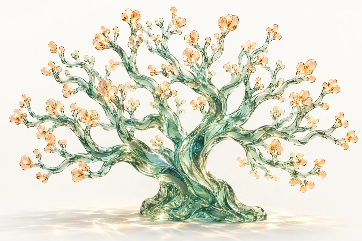 A sea-green glass tree branching into apricot buds, an illustration of possibilities